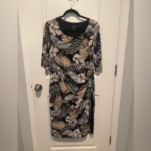 Connected Apparel Black and Gold Leaf Print Dress